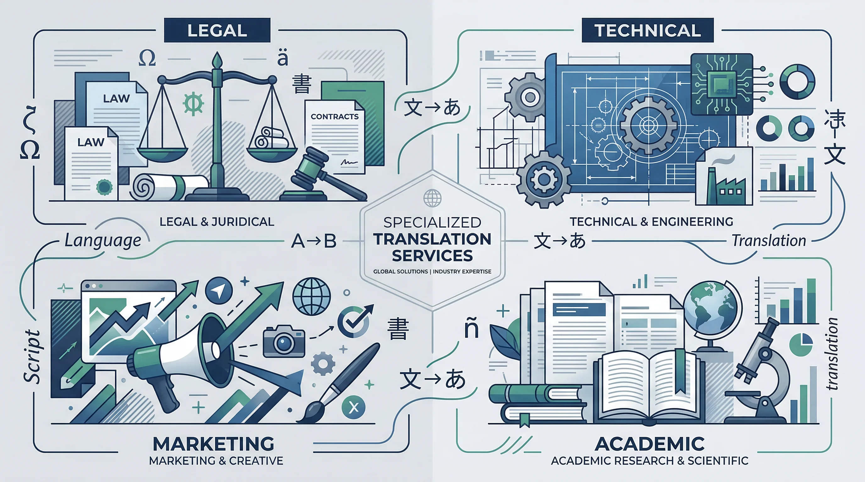 Collage of professional environments representing legal, technical, marketing, and academic industries served by our translation team