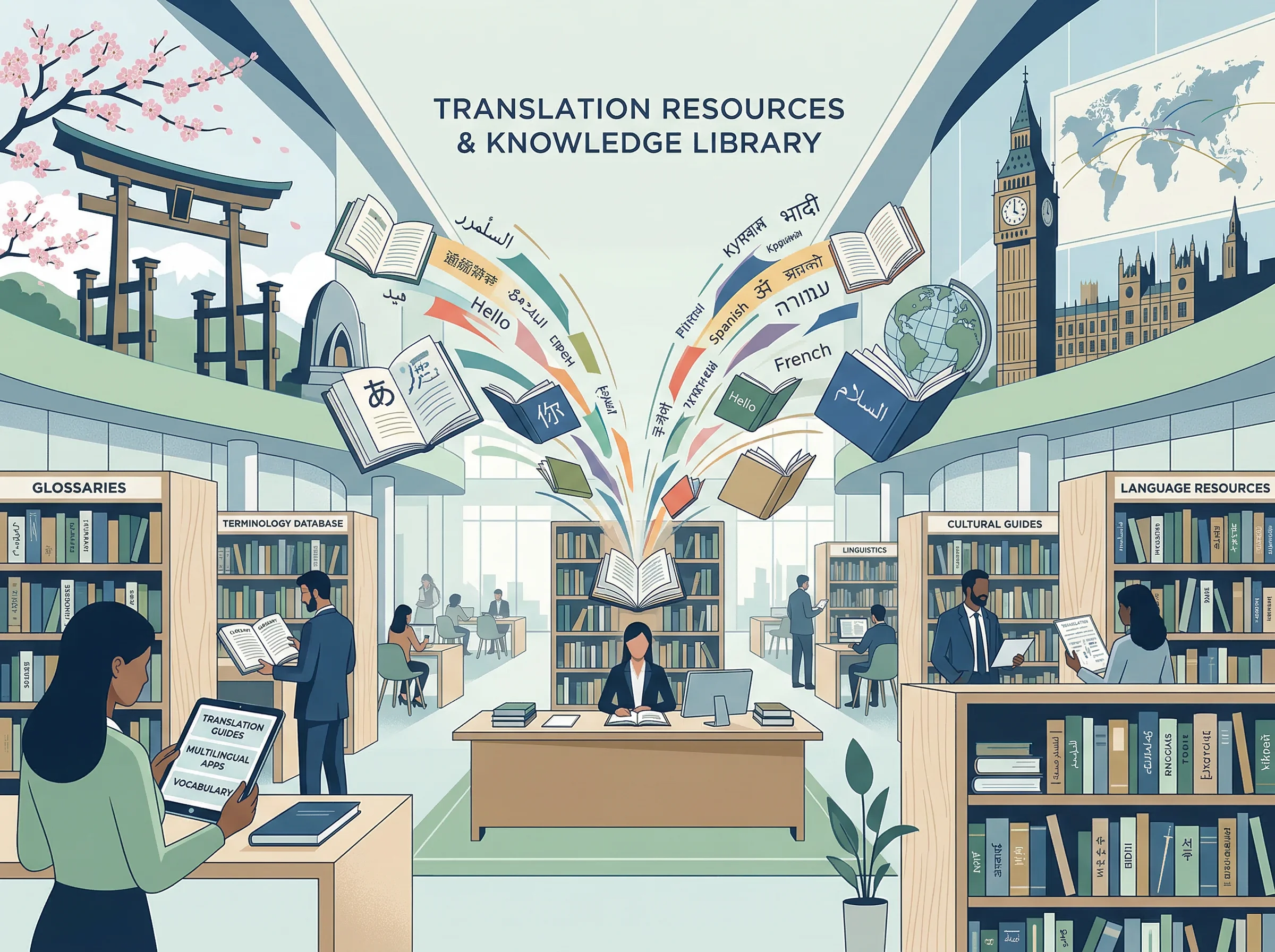 Library of translation resources with reference books, glossaries, and digital guides on a modern desk